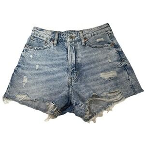 H&M Denim Short s Women's Size 4 Light Wash Blue Distressed Button Fly 5 Vintage